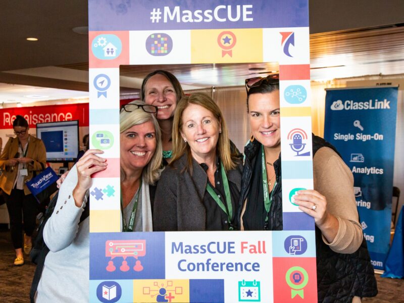 Fall Conference attendees pose in the MassCUE selfie frame