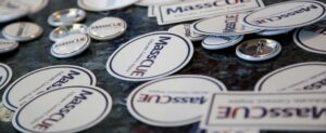 MassCUE pins and stickers