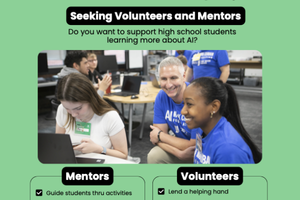 Mark Cuban Foundation "Make a Difference" flyer seeking AI Bootcamp volunteers and mentors, showing an adult mentor and two students at laptops, with lists of mentor and volunteer roles, bootcamp dates of October 31, November 7, and November 14, and a QR code to register at tinyurl.com/mcfmentor.